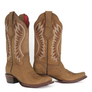 Pair of Los Altos Nobuck Tan Dubai toe boots showing embroidery and mid-calf shaft