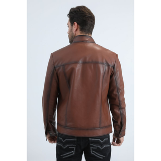 Platini Men's Genuine Leather Quilted Jacket- Burning Brown