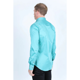 Platini Men's Single Pocket Logo Modern Fit Stretch Dress Shirt - Turquoise