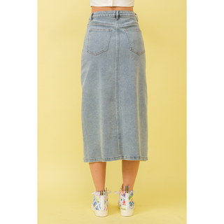 Mid Rise Stretch Midi Denim Skirt