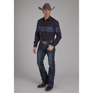 Roper Men's Border Stripe Black/Blue Long Sleeve Snap Shirt