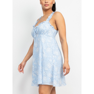 Floral Lace-Up Ruffle Mini Dress - Blue