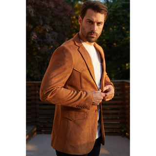 Platini Men's Double Button Faux Suede Blazer- Camel