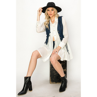 Women's Western Denim Corset Vest with Lace Up Sides - Dark Wash
