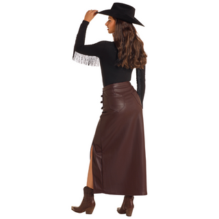 Rock & Roll Denim Faux Leather Maxi Skirt - Wine