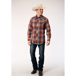 Roper Men's Red Plaid Embroidered Long Sleeve Snap Western Shirt