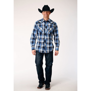 Roper Men's Blue Plaid Embroidered Long Sleeve Snap Western Shirt