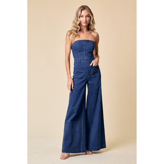 Strapless Wide Leg Denim Jumpsuit - Medium Wash