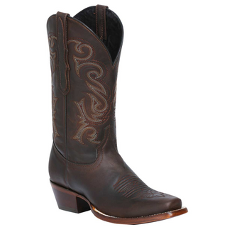 Brown cowboy boot with intricate stitching on a white background