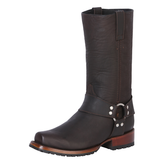 Men’s brown leather harness boot with silver ring detail and durable lug sole – classic motorcycle and western style boot.