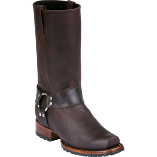 Men’s brown leather harness boot with silver ring detail and durable lug sole – classic motorcycle and western style boot.