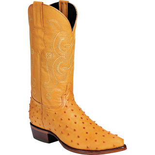 cowboy boot with exotic ostrich texture, pointed toe, and intricate shaft stitching – luxury western boot handcrafted from genuine leather.