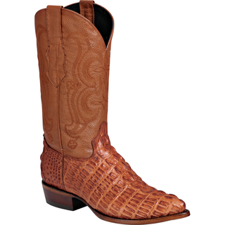 cowboy boot with exotic caiman belly texture, pointed toe, and intricate shaft stitching – luxury western boot handcrafted from genuine leather.