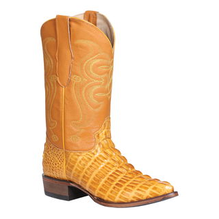 cowboy boot with exotic caiman belly texture, pointed toe, and intricate shaft stitching – luxury western boot handcrafted from genuine leather.