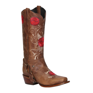 Brown cowboy boot with red floral embroidery on a white background