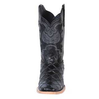Black cowboy boot with intricate patterns 