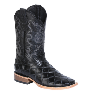 Black cowboy boot with intricate design 