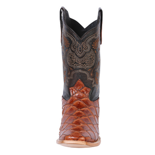 Brown and black cowboy boot with intricate design