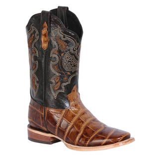 Brown cowboy boot with intricate design 