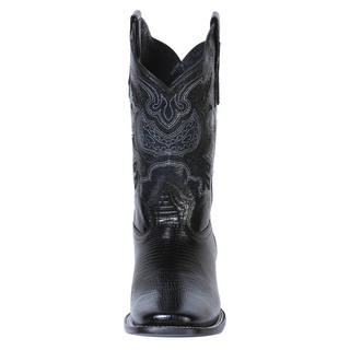 Black cowboy boot with intricate design 