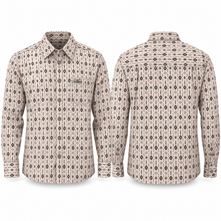 Montero men’s beige geometric print long sleeve casual western shirt with button-front closure, pointed collar and chest pocket.