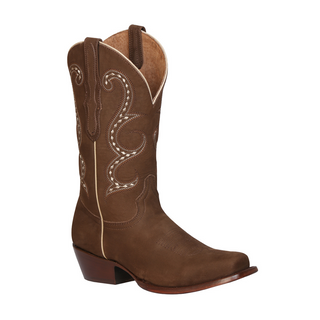 Brown cowboy boot with white stitching on a white background