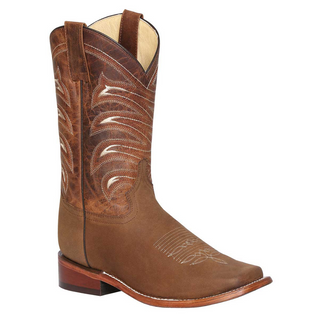 Brown cowboy boot with intricate stitching