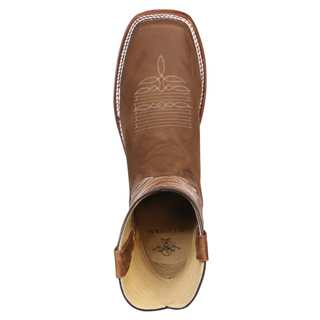 Brown cowboy boot with white stitching 