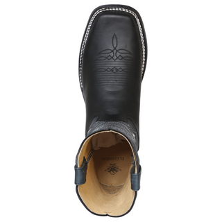 Black cowboy boot with white stitching 