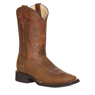 Brown cowboy boot with intricate stitching 