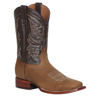 Brown cowboy boot with intricate stitching 