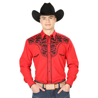 El General men’s red Western shirt with black embroidered yoke front view
