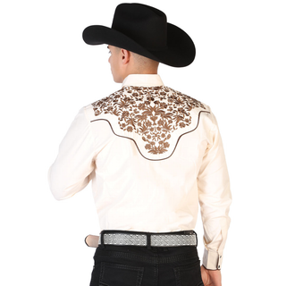 El General men’s cream Western shirt with bronze embroidered yoke back view