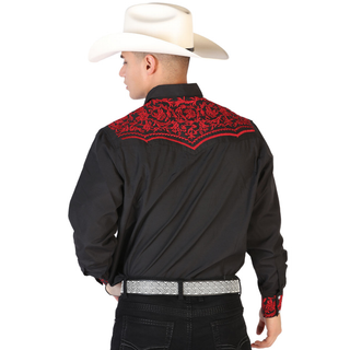 El General men’s black Western shirt with red embroidered yoke front view