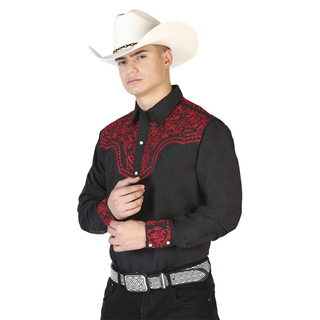 El General men’s black Western shirt with red embroidered yoke front view