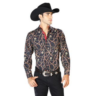 “El General Men’s Western Button Down Shirt – Black chain and medallion print front view