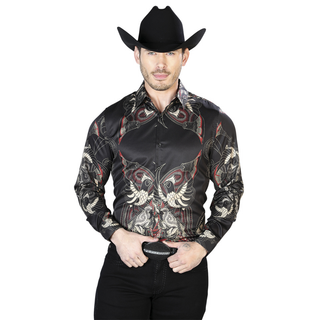 “El General Men’s Black Abstract Western Button Down Shirt – front view with unique pattern