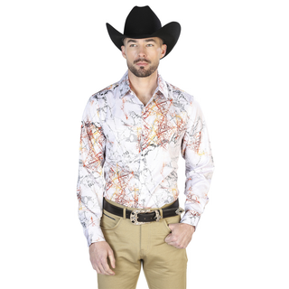 El General Men’s White Marble Abstract Western Button Down Shirt – front view with unique pattern