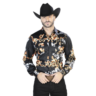 El General Men’s Black and Gold Baroque Western Shirt – front view button down style