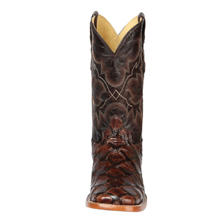 Brown cowboy boot with intricate design