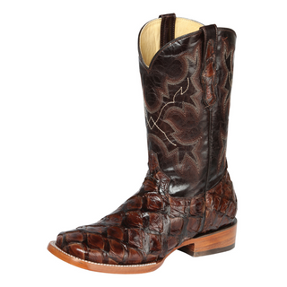 Brown cowboy boot with detailed pattern 