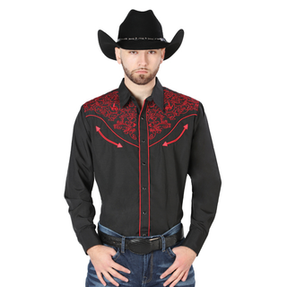 El General men’s black Western shirt with red embroidered yoke front view