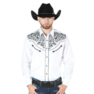 El General men’s white Western shirt with black embroidered yoke front view