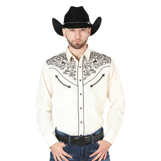 El General men’s cream Western shirt with black embroidered yoke front view