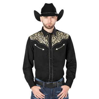 El General men’s black Western shirt with gold embroidered yoke front view