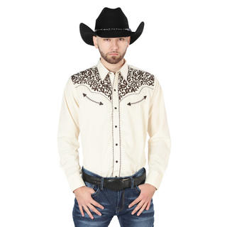 El General men’s beige Western shirt with black embroidered yoke front view