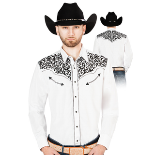 El General men’s white Western shirt with black embroidered yoke front view