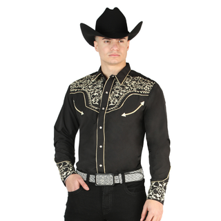 El General men’s black Western shirt with gold embroidered yoke front view