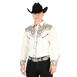 El General men’s beige Western shirt with brown embroidered yoke front view