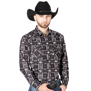 Model wearing El General men’s Black Geometric print long sleeve Western shirt